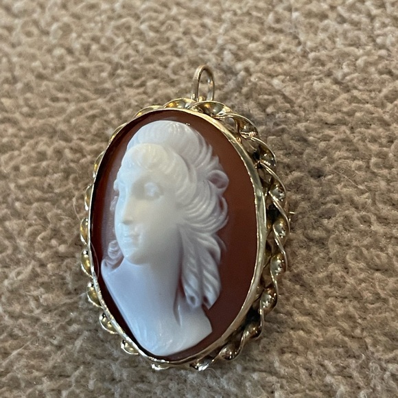 Vintage 14k Gold Concave Carved Shell Cameo Twist Wavy Frame Pendant Brooch Pin - Picture 4 of 8